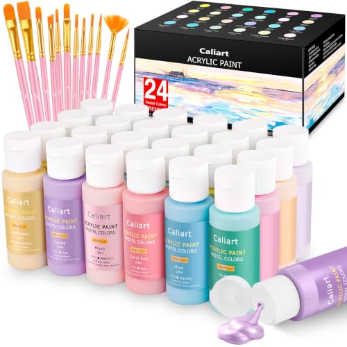 Caliart 24 Colors Pastel Acrylic Paint Set with 12 Brushes - color: Pastel, size: 2 Fl Oz (Pack of 24)