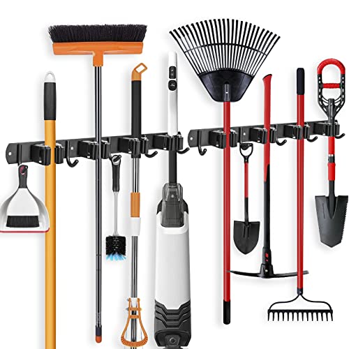 IMILLET 2 Pack Broom Holder Wall Mount, Heavy Duty Garage Organization - color: 4 Racks with 5 Hooks, size: 2 Pack
