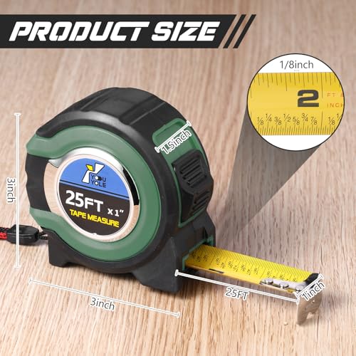 Youyole 10 Pack Tape Measure with Fractions 1/8 Steel Measuring Tape Retractable Easy Read Measurement Ruler Steel Power Blade (25 ft X 1 in,Green) - color: Green