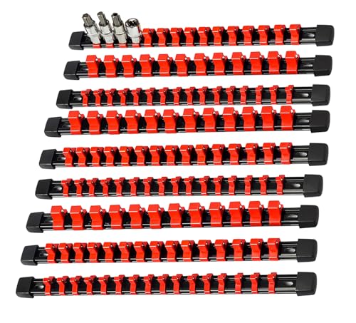 AMM 9-Piece Socket Organizer, 1/2, 3/8 & 1/4 inch Drive ABS Socket Holder, Heavy Duty Socket Racks - color: RED, size: 9PC