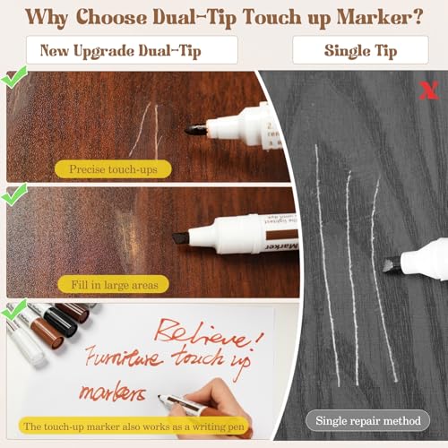 DEWEL Dual-Tipped Furniture Markers Touch Up, Upgrade 17 Pcs Wood Furniture Repair Kit, Wood Touch Up Markers and Wax Sticks with Repair Tools, Easily Repair Wood Floor Scratches, Wood Stain and Dents