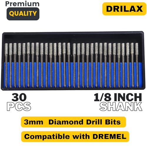 Drilax 3mm Diamond Drill Bits (1/8") 30 pcs Diamond Drill Bits for Stone, Glass, Sea Shells, Gemstones Compatible with Dremel Diamond Tipped Drill Bit Set - size: 3mm