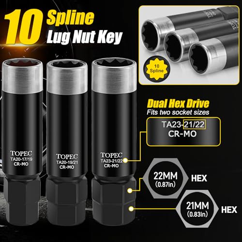Topec 11PCS Master Lug Nut Key Set - 5, 6, 7, 10, 12 Spline Lug Nut Socket Set, Wheel Lock Removal Kit for Spline, Spike and Hex Style | Upgraded Reinforced Socket - size: 11 piece