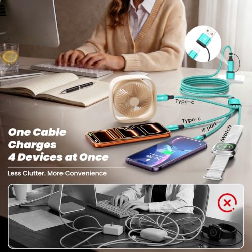Travel Essentials Multi Charging Cable with iWatch Charger/2 USB-C/IP, 5FT - color: Emerald, size: 1Pack 5FT