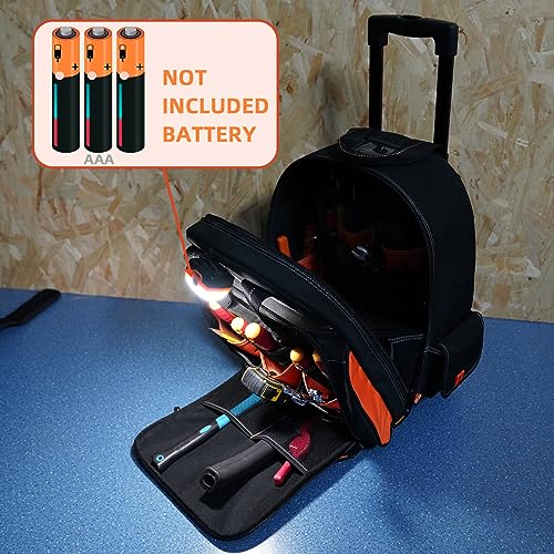 MELOTOUGH LED-Light Rolling Tool Bag Heavy-Duty 18" Wheeled Tool Organizer with Telescoping Handle for Electrician,Construction,HVAC,Service Technician,Plumbers, Repairs,Mechanic - color: Orange Rolling Tool Bag
