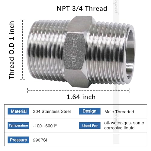 3/4 Nipple, 3/4 NPT Nipple, 304 Stainless Steel pipe fittings M/M - size: NPT3/4