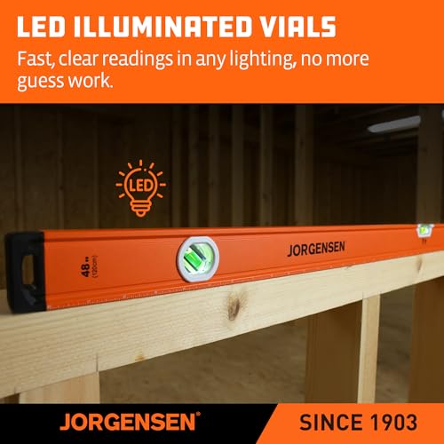 JORGENSEN 48" Magnetic LED Box Level, 45°/90°/180° Bubble Long Leveler Tool - size: 48 inch