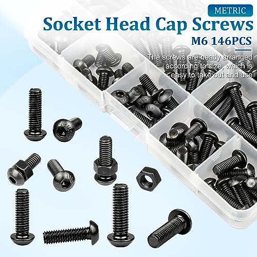 NINDEJIN M6 Button Head Socket Cap Bolts Screws, Metric M6 x 8/10/12/14/16/18/20/25/30mm Screws Bolts Nuts Assortment Kit, 146Pcs Allen Hex Drive, Black Oxide, 10.9 Carbon Steel, Fully Threaded - size: 146PCS M6 8mm-30mm