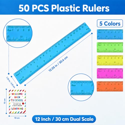 50 Set 12 Inch Clear Plastic Rulers with Back to School Welcome Cards