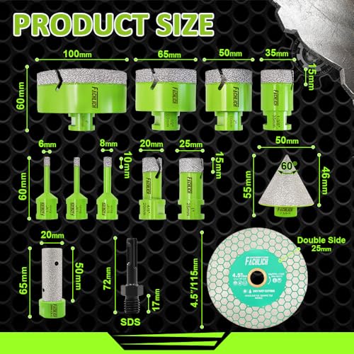 Tile Hole Saw Kit Diamond - (6-100mm Drill Bits+Finger Bit+Chamfer Bit+Adapter+Tile Blade) Diamond Hole Saw Kit - size: Kit4