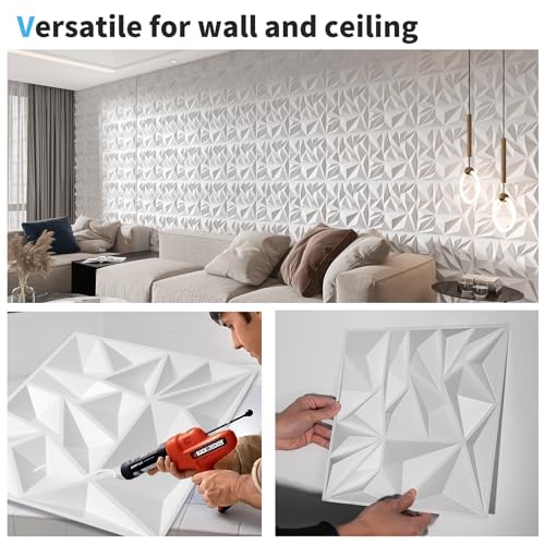 Art3d 50-Pack Modern Diamond Textured 3D Wall Panels, 12 x 12 in, White - color: White, size: 12x12 Inch 50 pcs