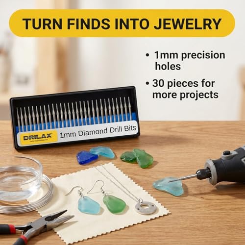 Drilax 30-Piece 1mm Diamond Drill Bits Set – 1/8 Shank Compatible with Dremel Rotary Tools – Precision Diamond Dremel Bits for Jewelry Making, Stone, Glass, Ceramic, Sea Glass, & Gemstones - size: 1mm