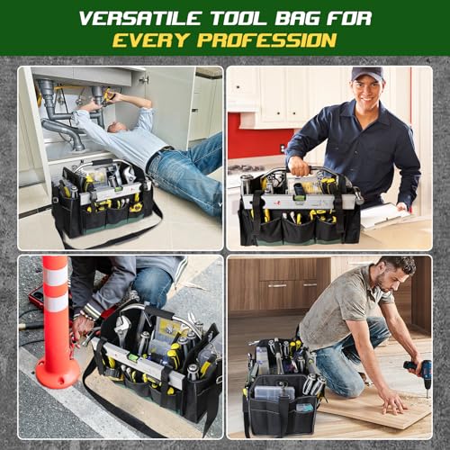 18 Inch Open Top Tool Bag, Tool Bags for Men with 30 Pockets, 1680D Waterproof Fabric, Foldable Electrician Tool Bag with Rotating Handle, Reflective Tool Organizer for Men, Green - color: Black-Green
