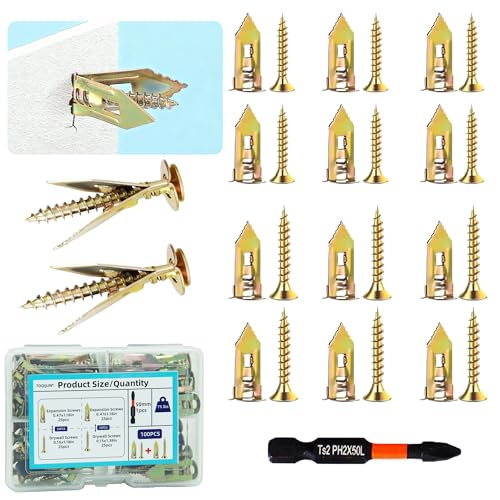 100 PCS Heavy Duty Self Drilling Drywall Anchors Kit with 1 Drill Bit - Zinc-Plated Steel Material - No Drill Required Holds Up to 75LB for Gypsum Board, Hollow Walls and Mounting TV, Picture Frames - size: 100Pcs 2Size kit