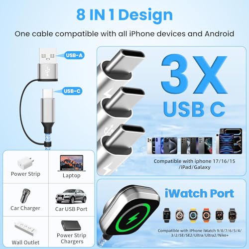 4in2 3 X USB C Cable Multi Charging Cable for iWatch Charger, 5FT 2PCS - color: B1-Square_2, size: 2PCS&5FT