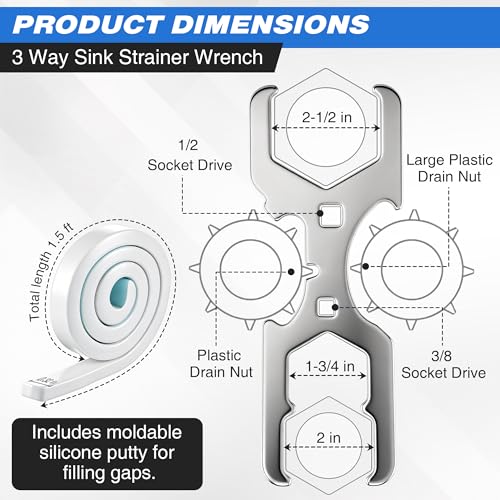 4 Sided Drain Strainer Wrench and 3 Way Plumbers Wrench Set, Heavy Duty Sink Drain Tool for Tub Removal, Basket Strainer Installation, Fits 1-3/4, 2, 2-1/2 Inch Nuts, with Silicone Putty