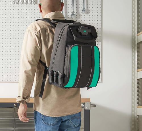 Amazon Basics Tool Backpack with LED Light, 55 Pockets, Padded Shoulder Straps, Tool Storage Bag, Black - size: Backpack