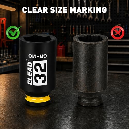 ELEAD 32 mm Socket 1/2" Drive Deep Impact Socket, Metric 6 Point 1/2-inch Drive Impact Axle Nut Sockets, CR-MO Nut Socket Set, Tools for Easy Removal of Axle Shaft Nuts - color: 32mm