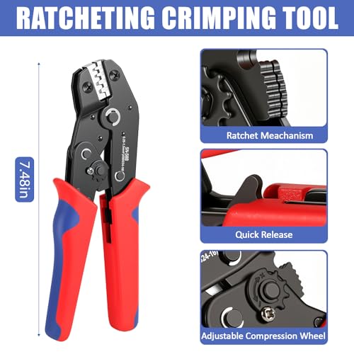 6PCS Crimping Tool Set - Amliber Ratcheting Wire Crimper for Heat Shrink/Insulated Nylon, Non-Insulated, Dupont, Open Barrel Terminals, Wire Ferrules, Solar Connectors, Case Included