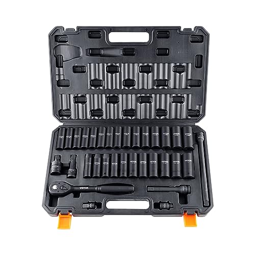 VEVOR Impact Socket Set 1/2" Drive, 33-Piece SAE (3/8 to 1 inch) & Metric (10 to 24 mm) Size, CR-V, 6 Point Standard Deep Socket Set with Extension Bar, Universal Joint, Adapter, Reducer - size: 1/2" 33 PCS