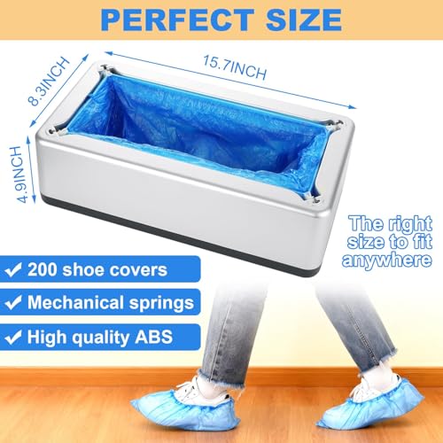 Automatic Shoe Cover Dispenser Machine with 200 Disposable Shoe Covers Included, Hands-Free Overshoe Dispenser in Silver ABS for Home Office Entryway Clinic