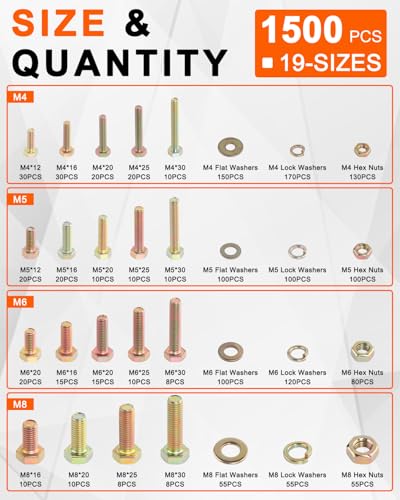 1500PCS 19 Sizes Metric Bolt Assortment Bolts with Assorted Nuts and Washer