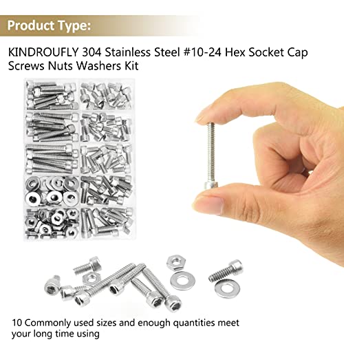 142 Pieces #10-24 x 1/4", 5/16", 3/8", 1/2", 5/8", 3/4", 1", 1-1/4", Hex Socket Head Cap Screws Nuts Washers Assortment Kit, 304 Stainless Steel, Fully Machine Thread - size: #10-24, style: Socket Head
