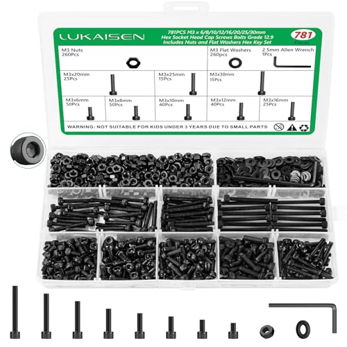 781PCS M3 Screw Assortment Kit, 12.9 Alloy Steel Hex Socket Cap Bolts - size: M3 781pcs 3