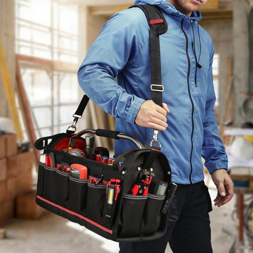 HAUTMEC 20" Heavy-Duty Open Top Tool Bag with Waterproof Clear Cover, Large Tool Tote with Rotating Handle, Rigid Frame, Wear-Resistant Hard Base & Padded Shoulder Strap – HT0296 - style: Tool Tote | Waterproof