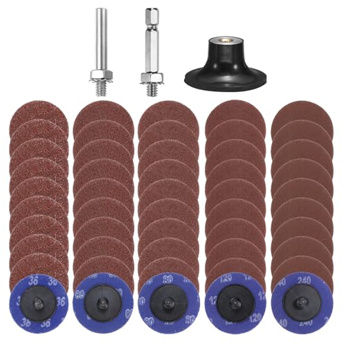HARFINGTON 53pcs Quick Change Discs Set 1.8" Lock Sanding Discs with 1/4" Shank Pad Holder 36/60/80/120/240 Grit Surface Conditioning for Polish Rust Removal - size: 2"