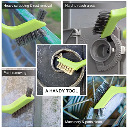 Lavaxon Wire Brush Set 3Pcs - Nylon/Brass/Stainless Steel Bristles with Curved Handle Grip for Rust, Dirt & Paint Scrubbing with Deep Cleaning – 7 Inches (Green) - color: Green