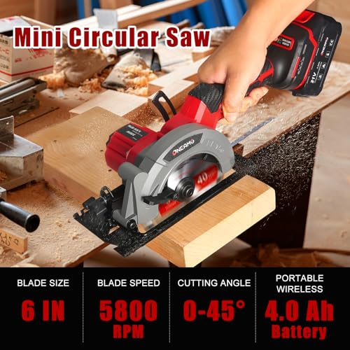 6" Cordless Circular Saw, 21V Compact Wireless Circular Saw, 4.0Ah Battery, 5800RPM, Max Cut 2-1/6" (90°), 1-1/4" (45°),w/40T & 60T Blades,Fast Charger (1Hr),Applicable to Wood,Aluminum & Plastic