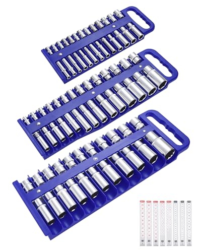 Reniteco 3-Piece Magnetic Socket Organizer Tray, for 1/2'', 3/8 '', 1/4'' Drive Metric/SAE Hold up to 76 Sockets, Heavy-Duty Socket Holder with Handle & Magnetic Base, Sockets Not Included - color: Blue