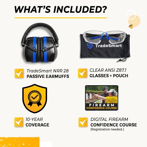 TradeSmart Shooting Ear Protection for Gun Range, NRR 28 Earmuffs & Eyewear - color: Clear Glasses - Blue
