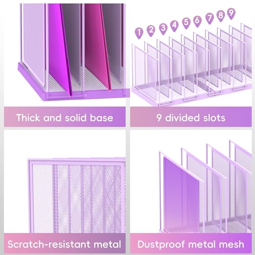 9-Section Desk File Organizer, Vertical File Holder, Mesh Desktop File Folder Metal File Organizer Stand for Office Home Classroom, Purple - color: Purple, size: 1 Pack 9-Section