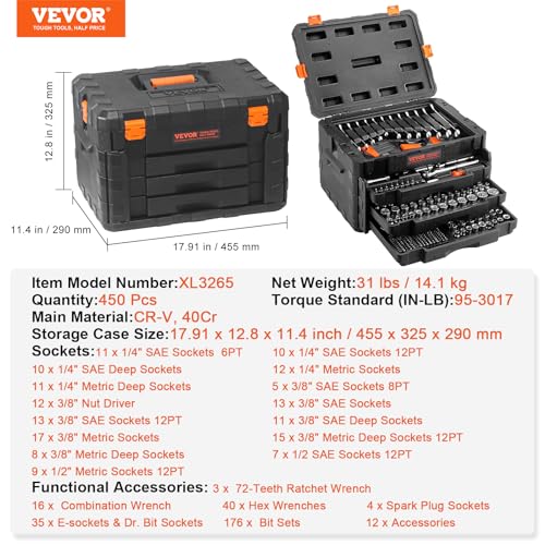 VEVOR Mechanics Tool Set and Socket Set, 1/4" 3/8" 1/2" Drive, 450 PCS - size: 450-PCS