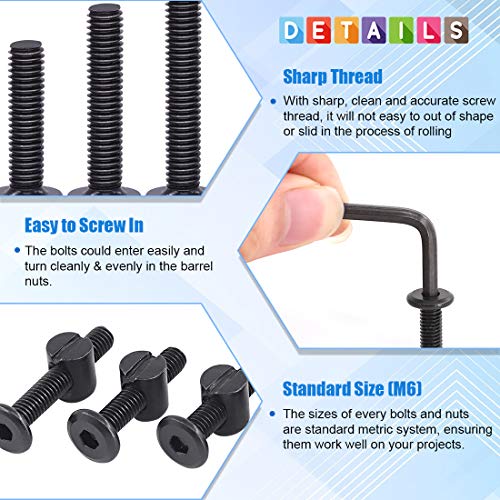 Glarks 120Pcs M6x40/50/60/70/80mm Black Hex Socket Cap Bolt Screws and Barrel Nut Assortment Kit for Crib Baby Bed Cots Furniture