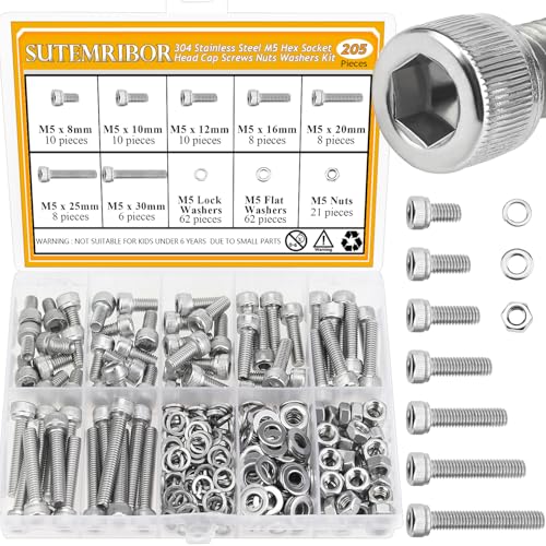 205 Pieces M5 Screws Nuts Washers Set, Sutemribor M5 x 8/10/12/16/20/25/30mm Hex Socket Head Cap Screws Nuts Washers Assortment Kit, 304 Stainless Steel, Fully Threaded - size: M5 Screws Kit, style: Socket Head
