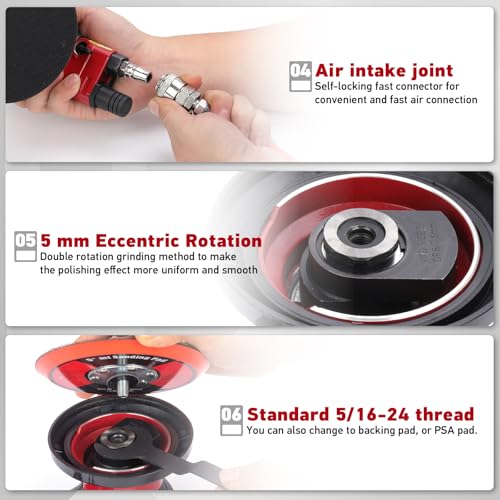 Professional 5" Dual Action Random Orbit Air Sander, Pneumatic Palm Sander, Low Vibration, Heavy Duty - color: Red, size: 5 inch