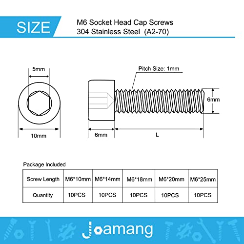 M6 x 10mm 14mm 18mm 20mm 25mm Socket Head Cap Screws Bolts, Stainless Steel 304, Metric Allen Hex Drive, Bright Finish, Fully Threaded, Assortment Kit 50PCS - size: Socket M6x10-25 mm