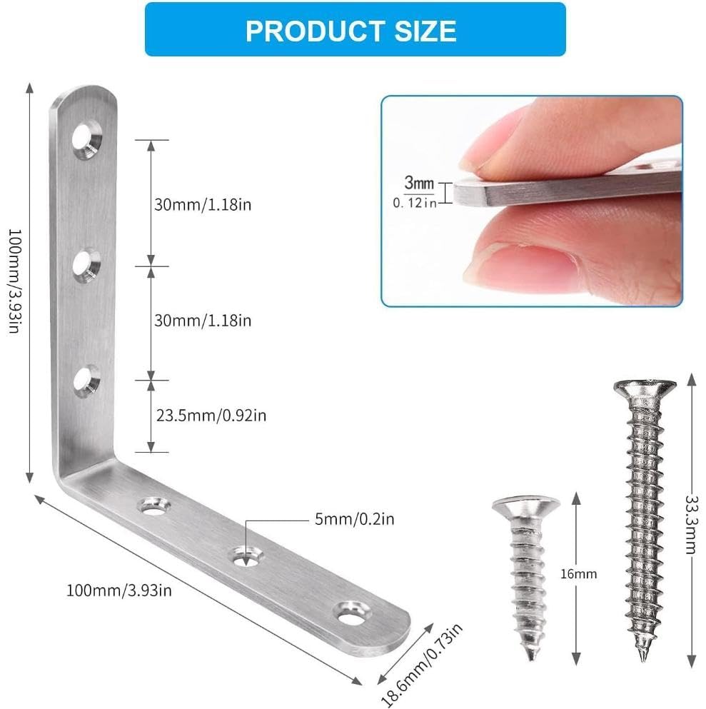 Stainless Steel Corner Bracket - 8 PCS Heavy Duty Right Angle Brackets for Wood Furniture and Metal Joints - 4 x 4 Inch - with Screw - size: 4 x 4 inch 8 pieces