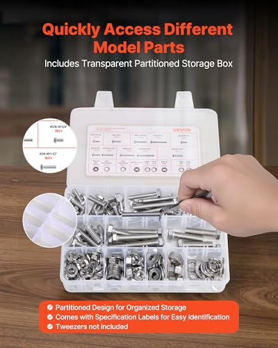 VEVOR 246 Pcs Bolts and Nuts Assortment Kit, Imperial Screws and Flat Washers, Stainless Steel 1/4-20,5/16-18,3/8-16, Spring Lock Washers for Furniture/Equipment/Vehicle Assembly with Case - size: 246 PCS - Imperial (1/4-20, 5/16-18, 3/8-16)