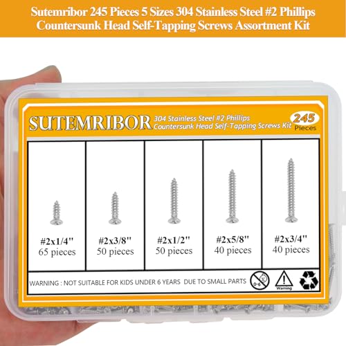 245 Pieces #2 x 1/4" 3/8" 1/2" 5/8" 3/4" Wood Screws Set, Phillips Countersunk Head #2 Self-Tapping Screws Assortment Kit, 304 Stainless Steel - size: #2, style: Phillips Countersunk Head