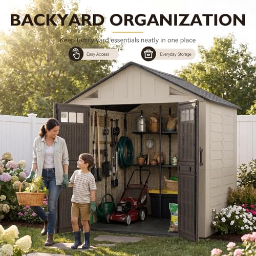 Aoxun 8x6 Ft Outdoor Storage Shed with Floor, Large Resin Outdoor Shed with Lockable Door & Windows, Garden HDPE Sheds for Lawn Tools, Pool Supplies & Bikes - size: 8x6
