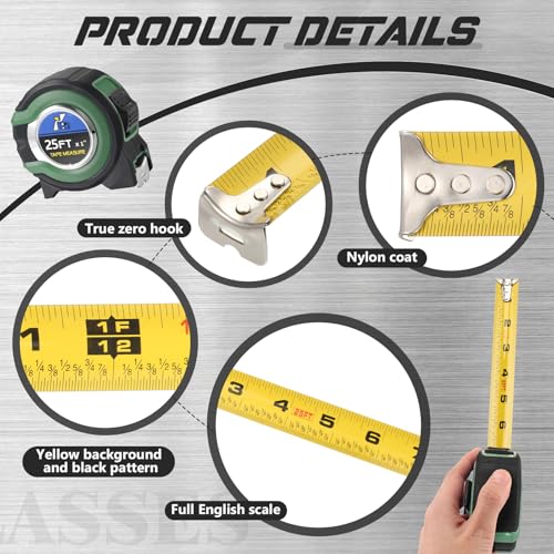 Youyole 10 Pack Tape Measure with Fractions 1/8 Steel Measuring Tape Retractable Easy Read Measurement Ruler Steel Power Blade (25 ft X 1 in,Green) - color: Green