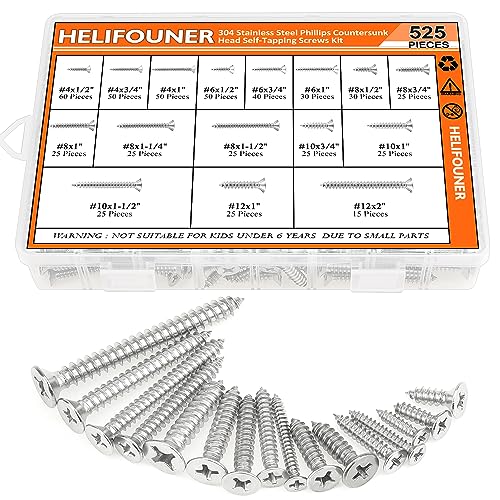 525 Pieces #4#6#8#10#12 Wood Screws Set, HELIFOUNER 16 Sizes Phillips Countersunk Head Self-Tapping Screws Assortment Kit, Phillips Flat Head Wood Screws, 304 Stainless Steel - size: #4#6#8#10#12