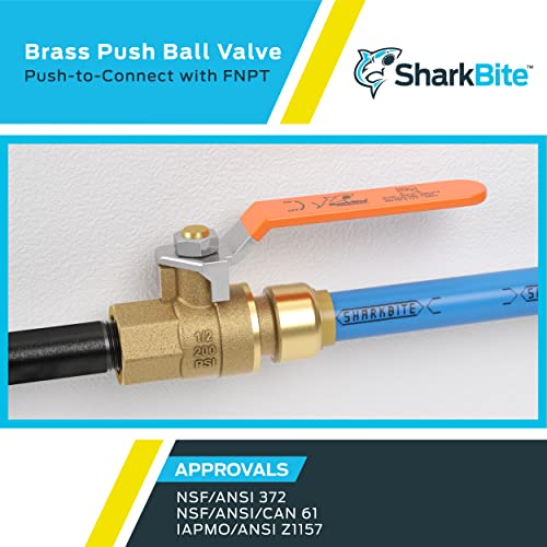 SharkBite 1/2 x 1/2 Inch Ball Valve with FNPT Connector, Push to Connect Brass Plumbing Fitting, PEX Pipe, Copper, CPVC, PE-RT, HDPE, 22182-0000LF - size: 1/2 in. x 1/2 in., style: SharkBite