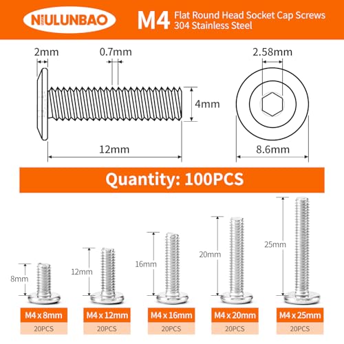 M4 x 8mm 12mm 16mm 20mm 25mm Flat Round Head Hex Socket Cap Screws Bolts, Furniture Screws, 304 Stainless Steel, Allen Hex Drive, Bright Finish, Metric Fully Threaded, Assortment Kit 100PCS - size: M4 x 8/12/16/20/25mm (100PCS)