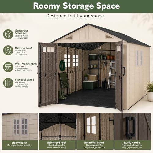 Aoxun 8x12 Ft Outdoor Storage Shed with Floor, Large Resin Outdoor Shed with Lockable Door & Windows, Garden HDPE Sheds for Lawn Tools, Pool Supplies & Bikes - size: 8x12