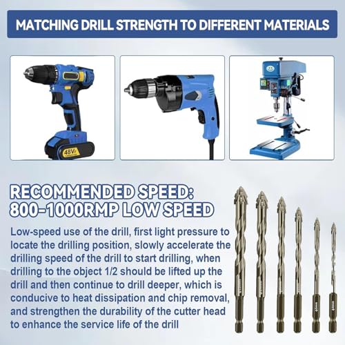 6 Pcs Four-Flute Sawtooth Eccentric Twist Drill Bit, Concrete and Masonry Drill Bit Set, Set for Concrete/Glass/Tile/Wood/Metal, Hexagonal Shank Drills, Short bits, (4/5/6/8/10/12mm)
